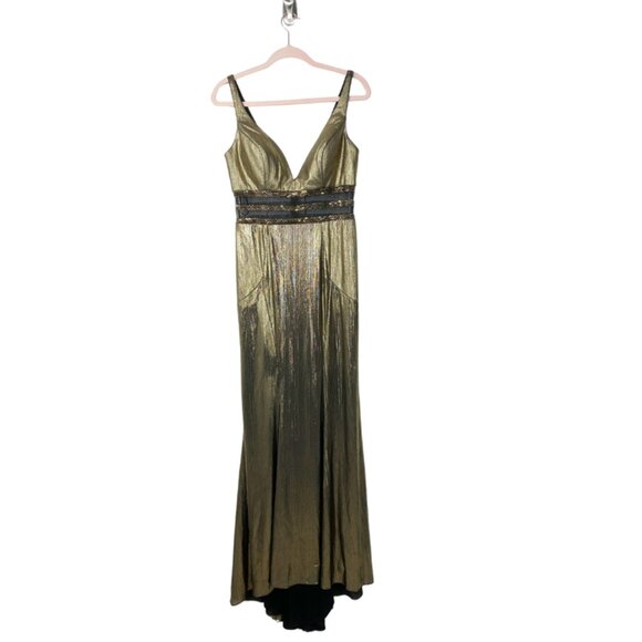 NWT Flash by Mac Duggal Illusion Waist D V-Neck Gown 8 Antique Gold #8057 - Picture 6 of 11